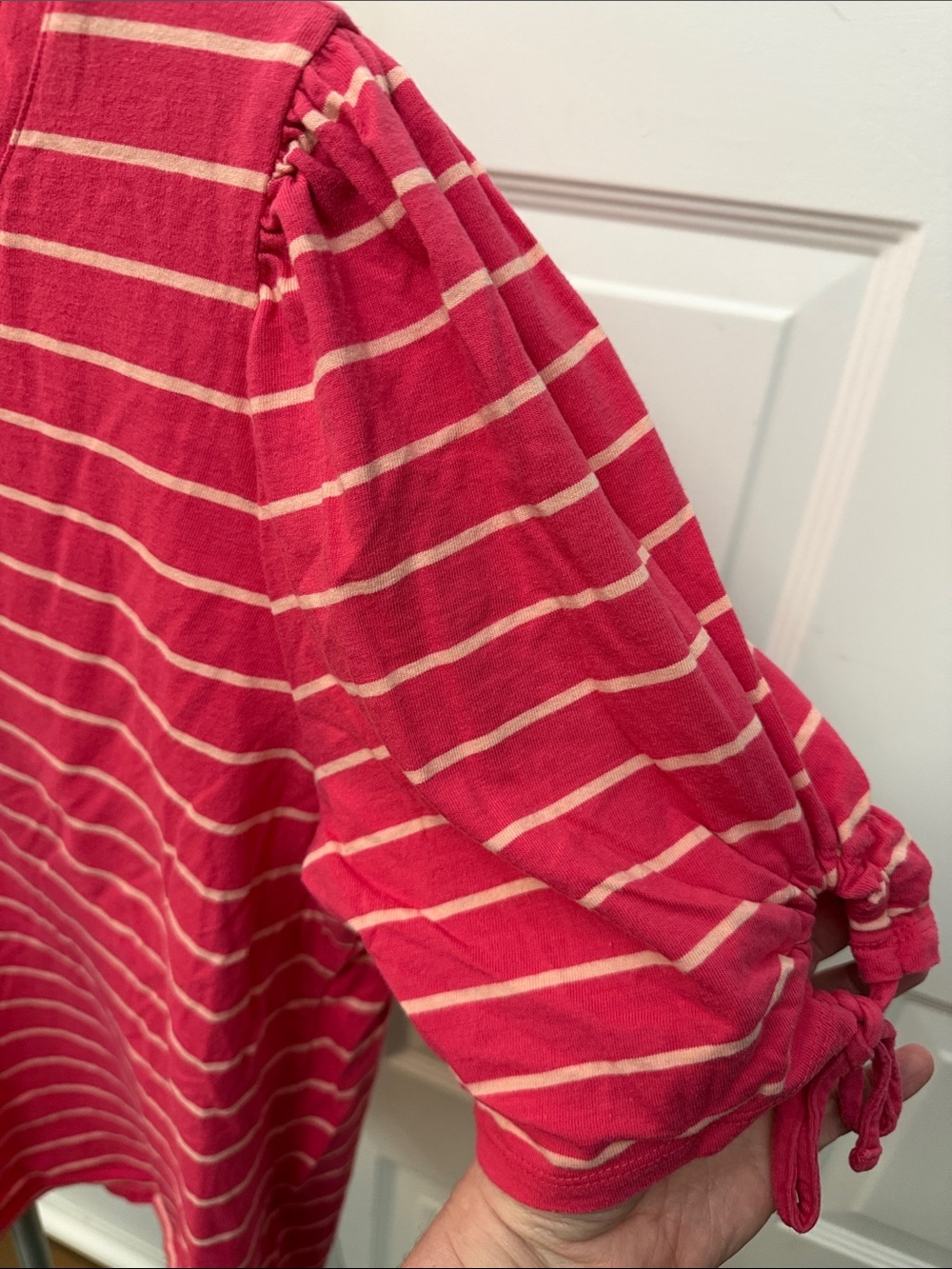 Talbots Raspberry Pink Striped V‑Neck Tie‑Sleeve Tee - Picture 3 of 5